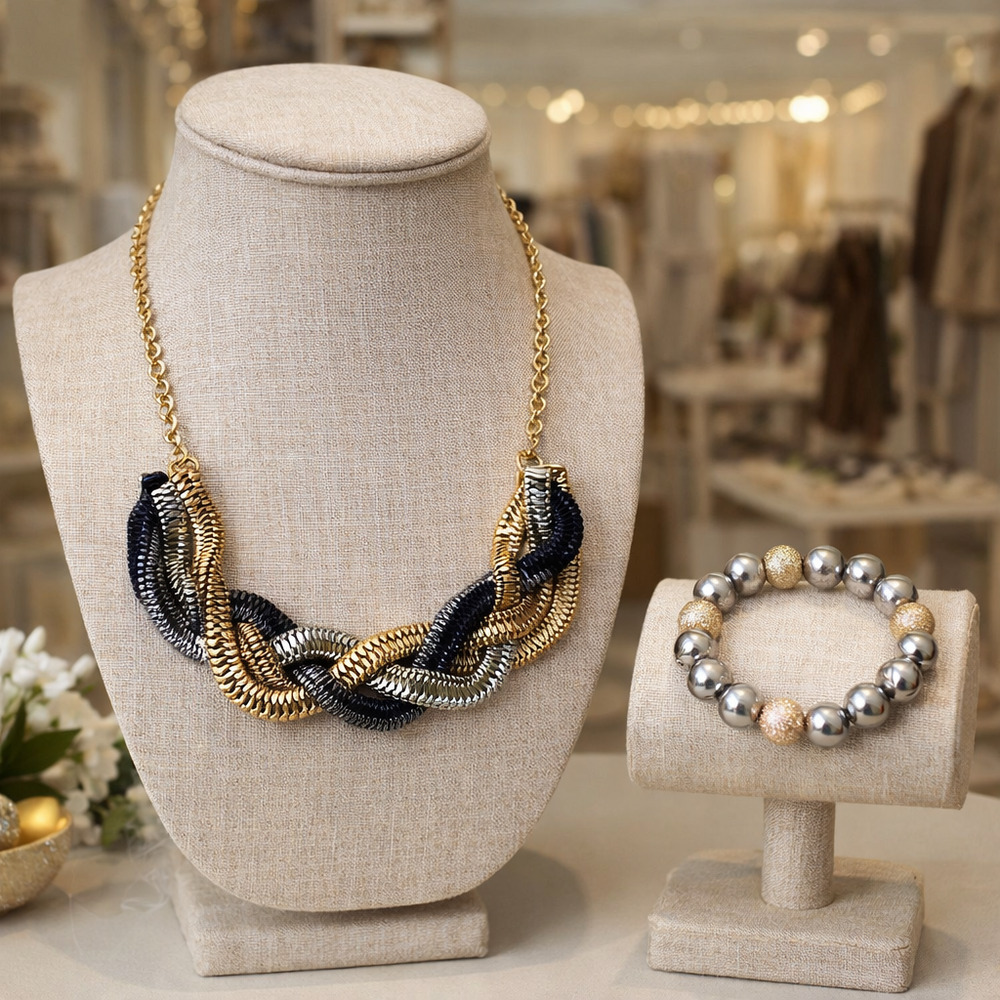 ECT 2-Piece Statment Necklace and Stretch Bracelet Set